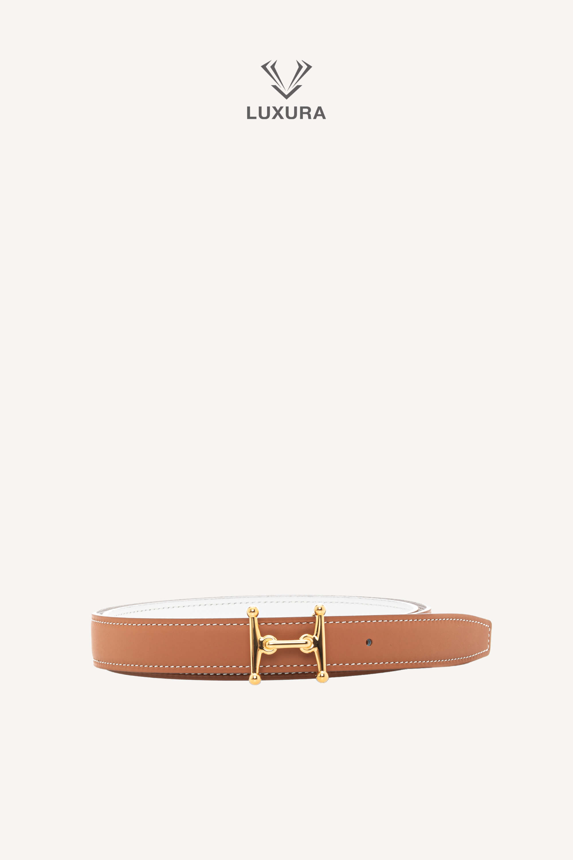 <span style="font-size: 10px;letter-spacing: .15em">HARD TO FIND</span><br> <strong>HERMES</strong><br> <div style="margin-top:10px;font-size:16px">Mors H Belt Buckle Reversible Leather Strap 24mm Gold Blanc 90 cm</div><br>