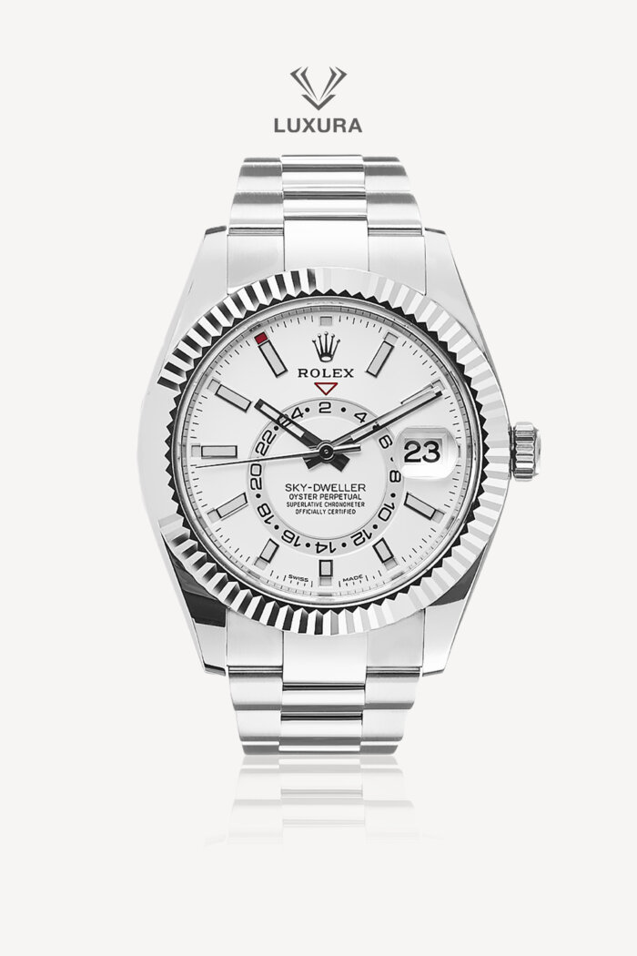 <span style="font-size: 10px;letter-spacing: .15em">HARD TO FIND</span><br> <strong>ROLEX</strong><br> <div style="margin-top:10px;font-size:16px">Sky-Dweller Oyster Perpetual 42mm White Dial Oystersteel and White Gold</div><br>