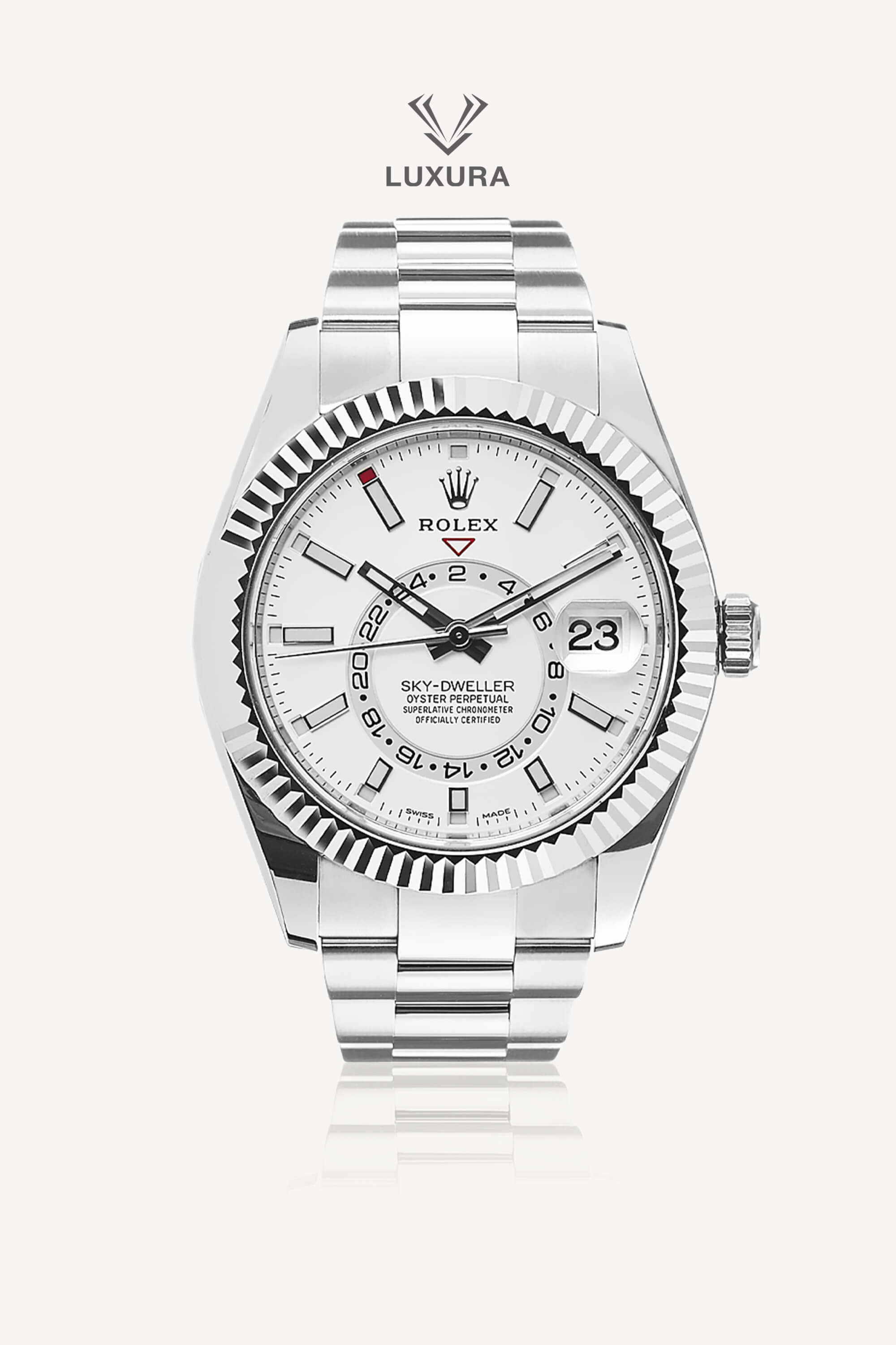 <span style="font-size: 10px;letter-spacing: .15em">HARD TO FIND</span><br> <strong>ROLEX</strong><br> <div style="margin-top:10px;font-size:16px">Sky-Dweller Oyster Perpetual 42mm White Dial Oystersteel and White Gold</div><br>